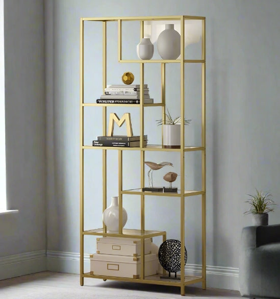 6-Tier Glass Bookshelf – Tall Display Bookcase & Plant Stand, Tempered Glass Shelves,