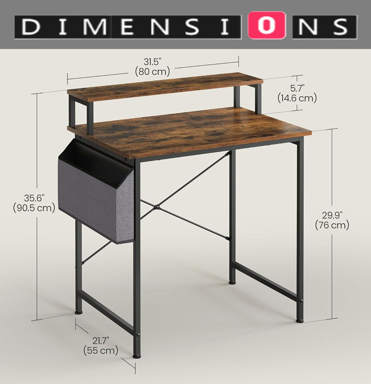 Industrial Style Computer Desk with Monitor Riser, Fabric Pouch, Adjustable Legs, 55 x 80 x 90.5 cm