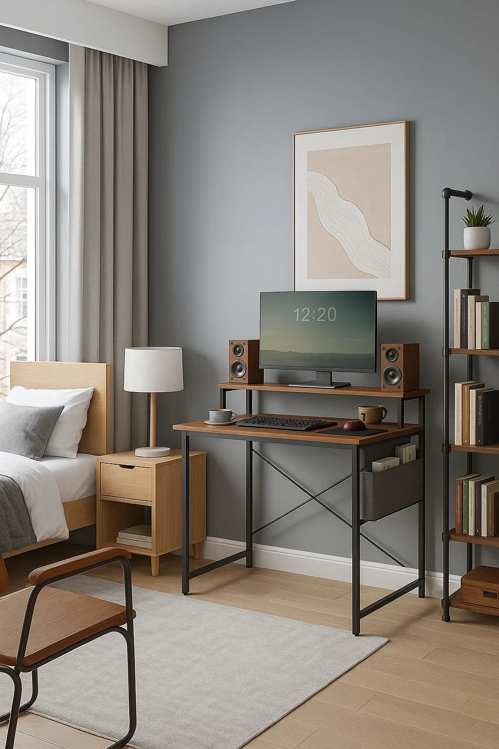 Industrial style computer desk with monitor riser and fabric pouch, rustic brown and black finish