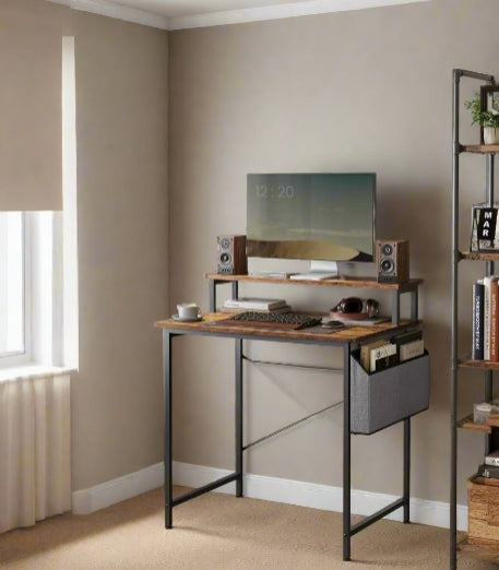 Industrial Style Computer Desk with Monitor Riser, Fabric Pouch, Adjustable Legs, 55 x 80 x 90.5 cm