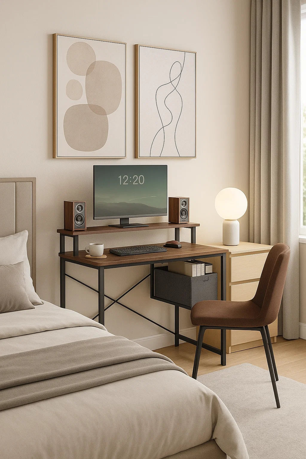 Industrial Style Computer Desk with Monitor Riser, Fabric Pouch, Adjustable Legs, 55 x 80 x 90.5 cm