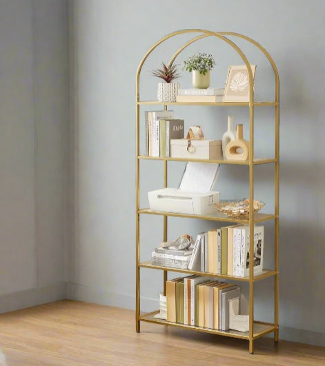 5 Tier Glass Shelf Arched Display Storage Unit with Steel Frame for Home Decor Use