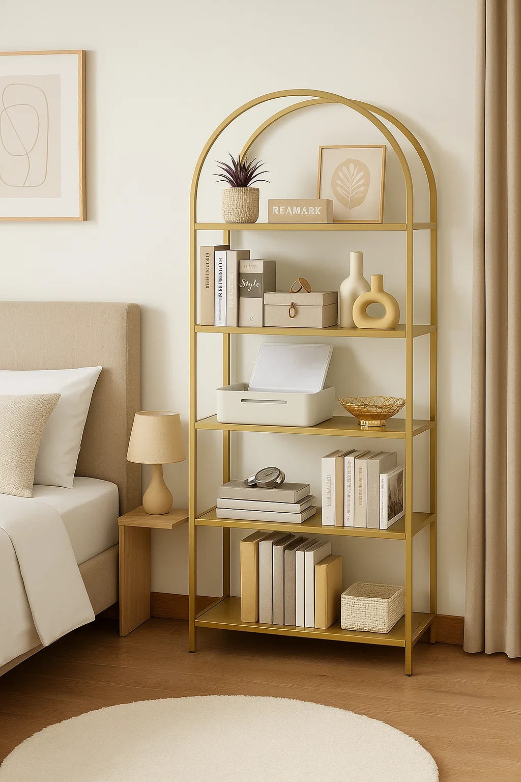 Gold arched 5 tier shelving unit with tempered glass shelves and steel frame for modern home decor
