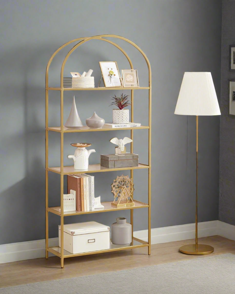 5 Tier Glass Shelf Arched Display Storage Unit with Steel Frame for Home Decor Use