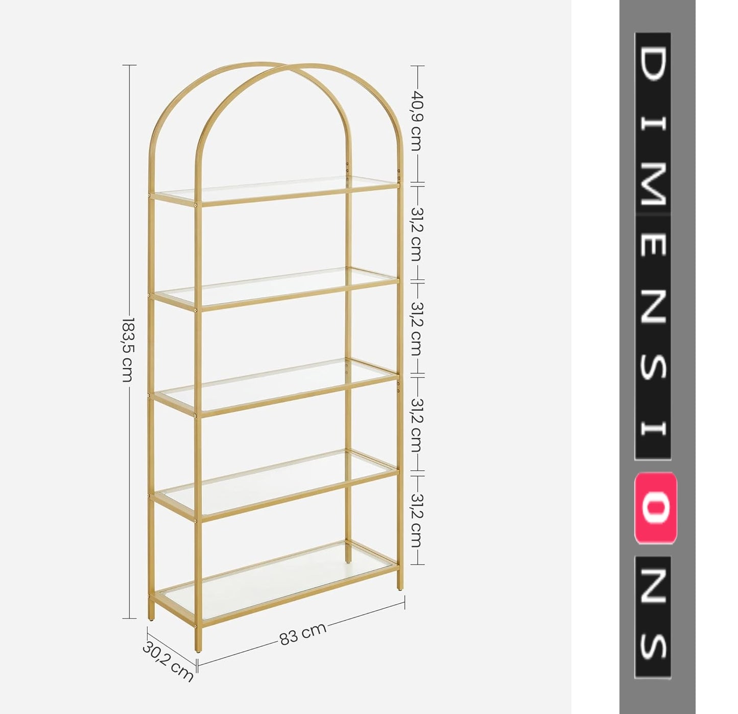 5 Tier Glass Shelf Arched Display Storage Unit with Steel Frame for Home Decor Use