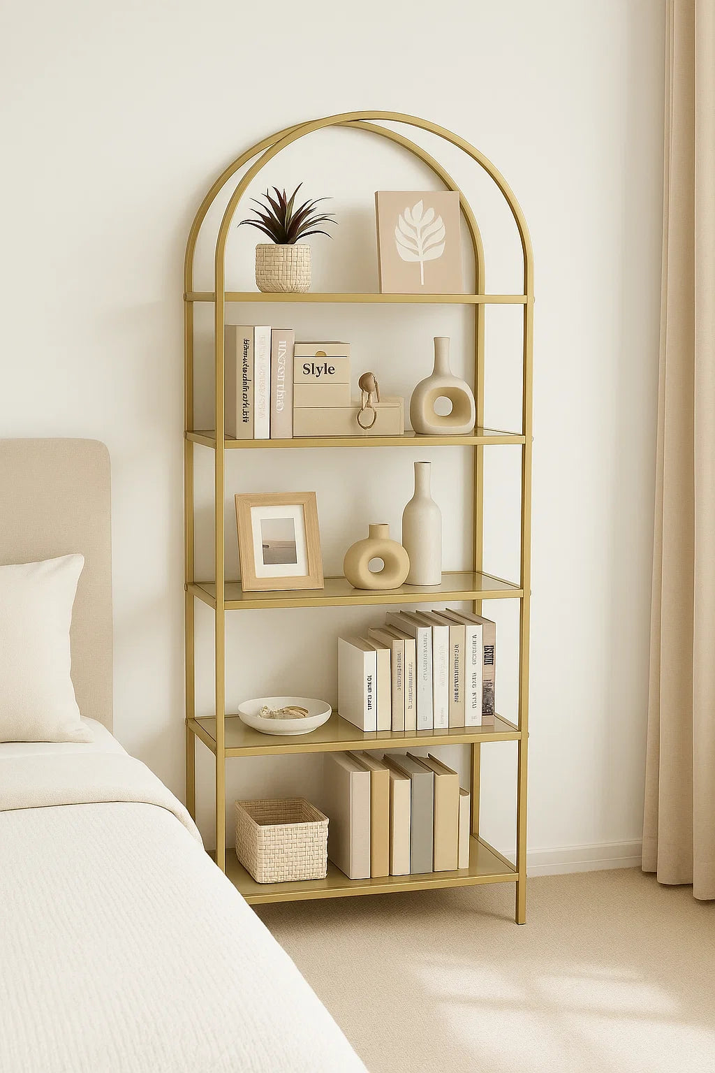 5 Tier Glass Shelf Arched Display Storage Unit with Steel Frame for Home Decor Use