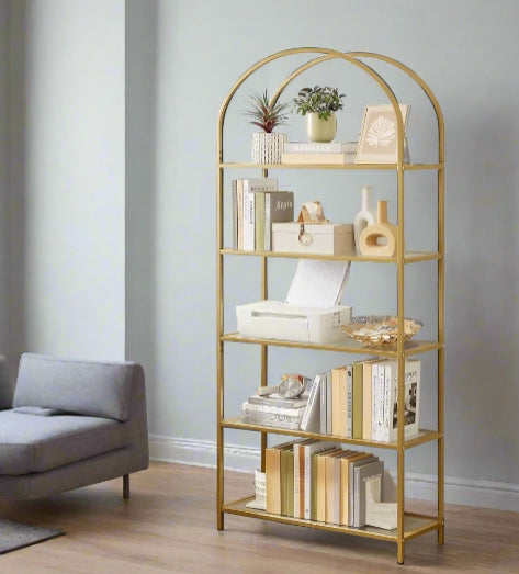 5 Tier Glass Shelf Arched Display Storage Unit with Steel Frame for Home Decor Use