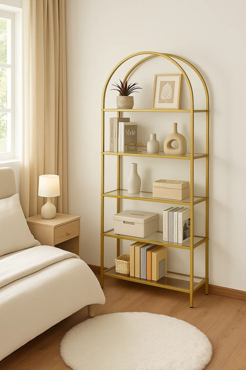 5 Tier Glass Shelf Arched Display Storage Unit with Steel Frame for Home Decor Use