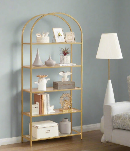 5 Tier Glass Shelf Arched Display Storage Unit with Steel Frame for Home Decor Use