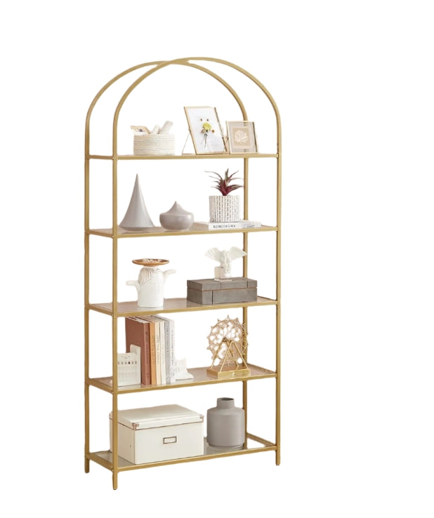 5 Tier Glass Shelf Arched Display Storage Unit with Steel Frame for Home Decor Use