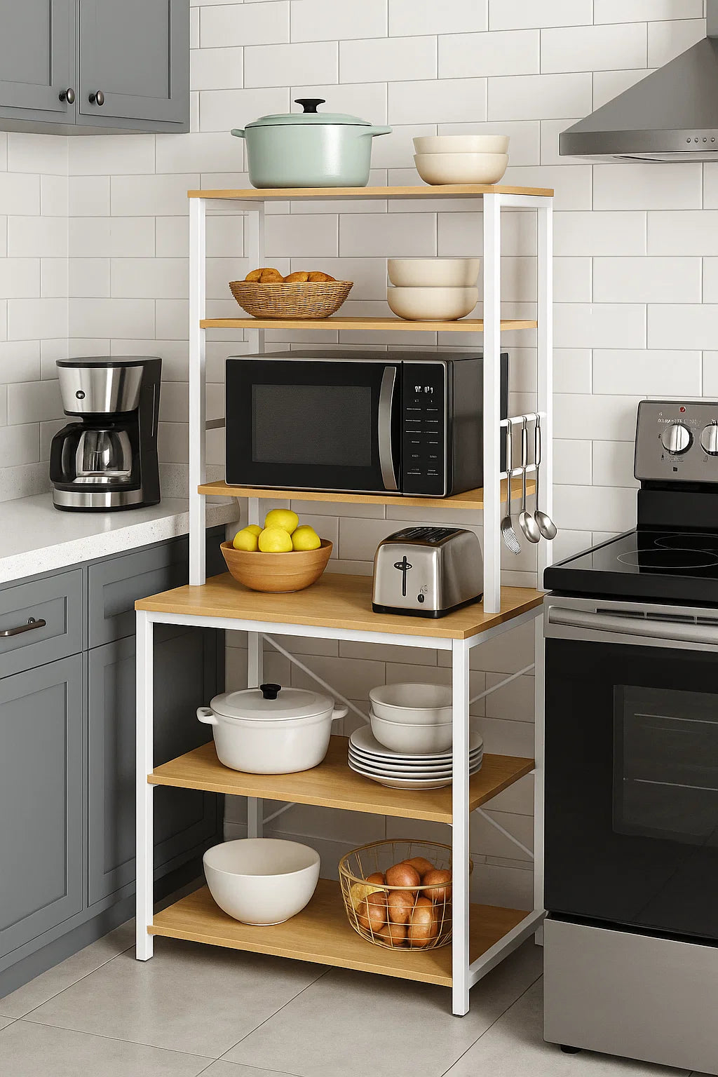 white industrial kitchen storage rack with 6 shelves and 6 hooks