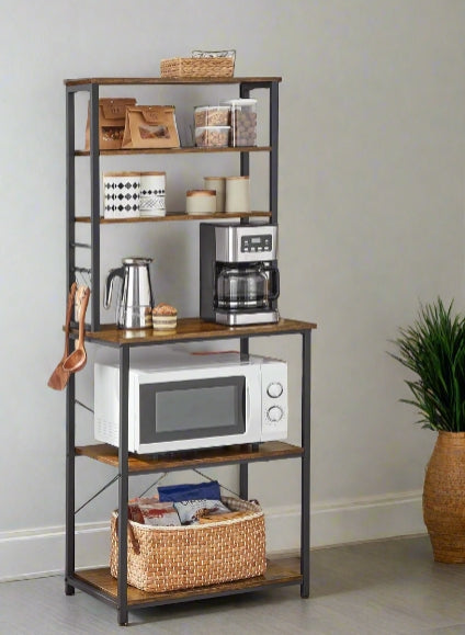 Rustic brown and black industrial kitchen storage rack with 6 shelves and 6 hooks