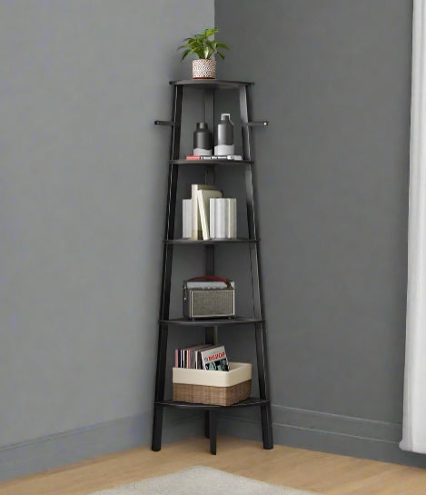 Industrial 5-tier corner shelf unit in charcoal grey and matte black, perfect for plants or books