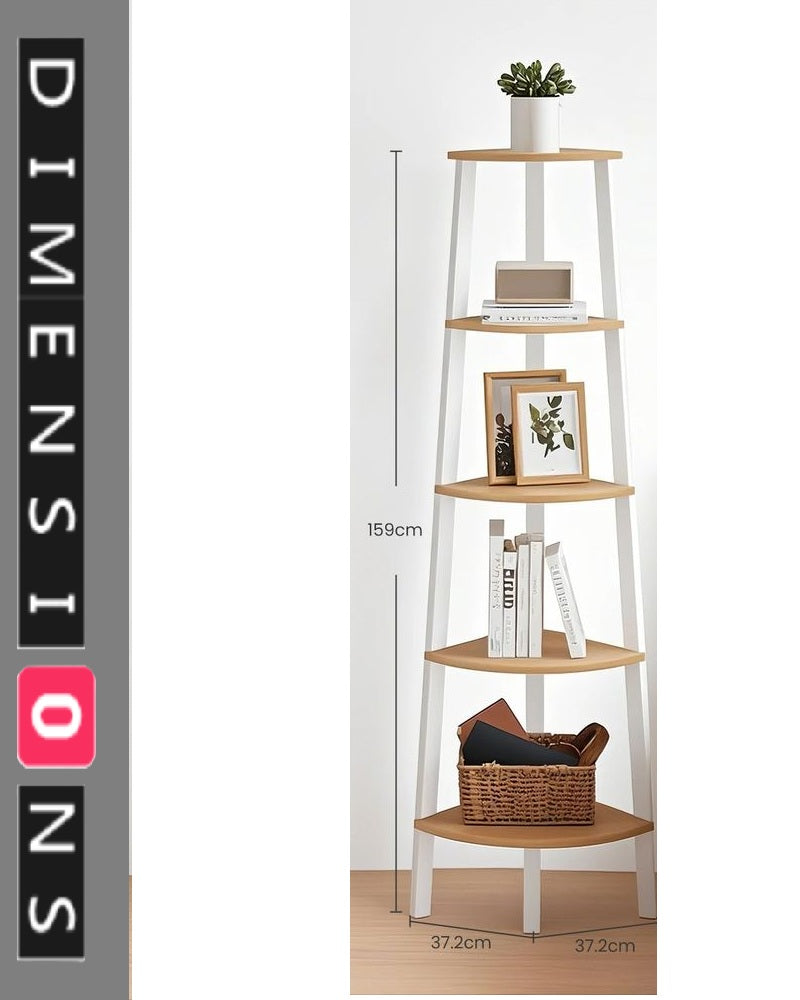 5-Tier Corner Shelf Unit, Oak & White Ladder Shelf for Living Room or Bedroom