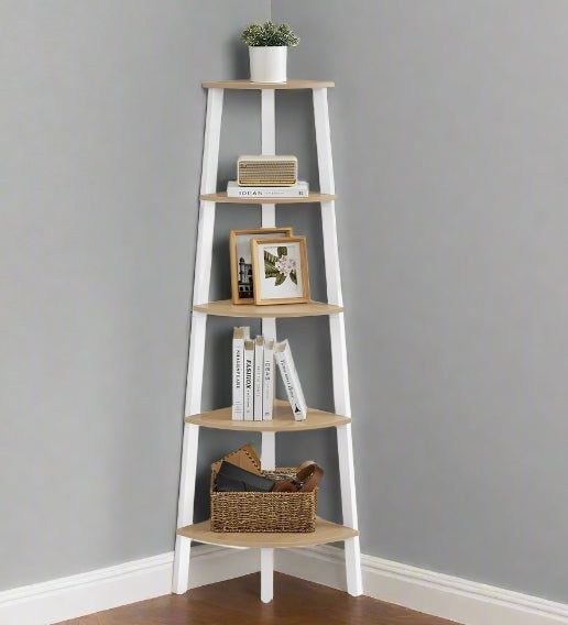 5-Tier Corner Shelf Unit, Oak & White Ladder Shelf for Living Room or Bedroom