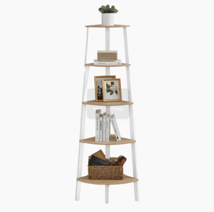 5-Tier Corner Shelf Unit, Oak & White Ladder Shelf for Living Room or Bedroom
