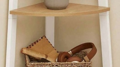 5-Tier Corner Shelf Unit, Oak & White Ladder Shelf for Living Room or Bedroom