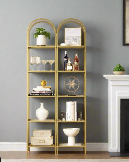 5-Tier Tempered Glass Shelf Unit, Arched Display Rack, Metallic Gold Frame 183.5 cm