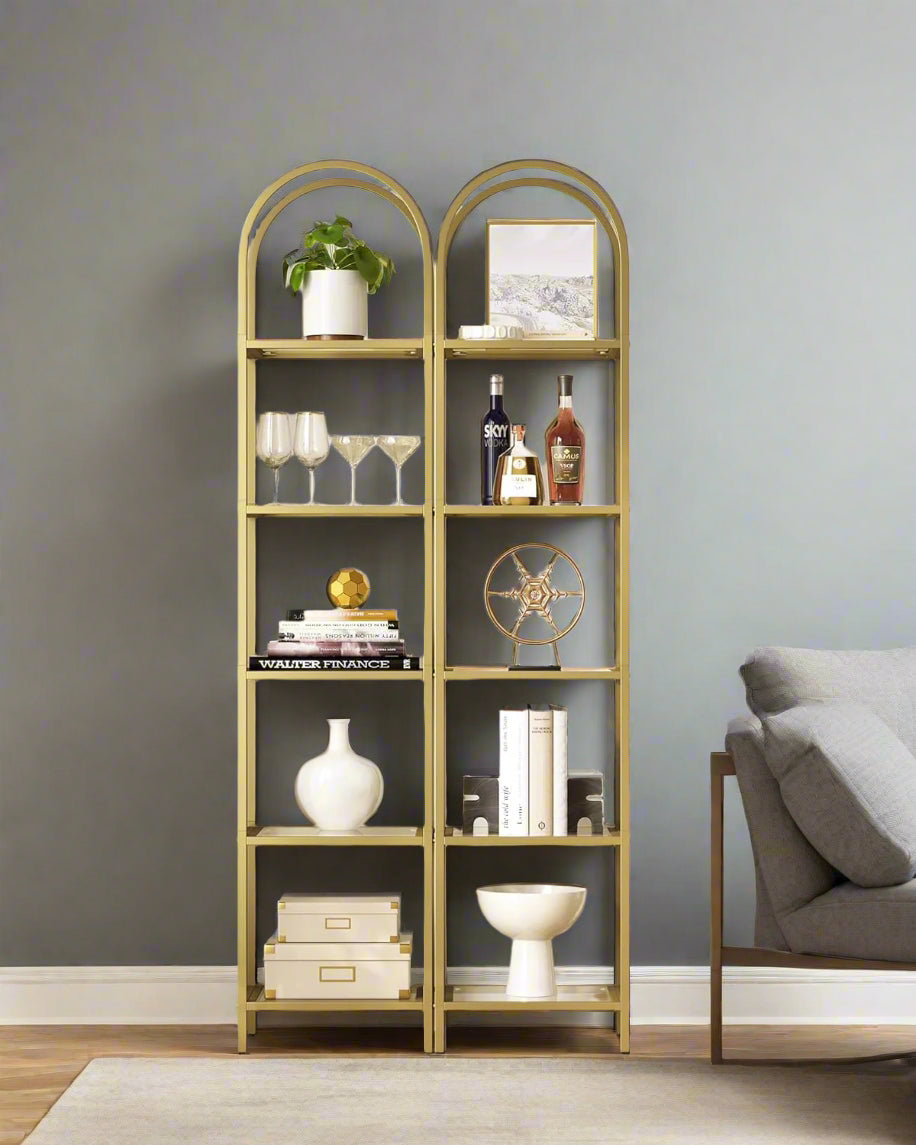 5-Tier Tempered Glass Shelf Unit, Arched Display Rack, Metallic Gold Frame 183.5 cm
