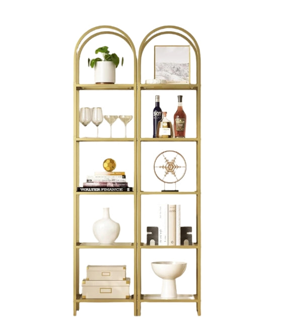 5-Tier Tempered Glass Shelf Unit, Arched Display Rack, Metallic Gold Frame 183.5 cm