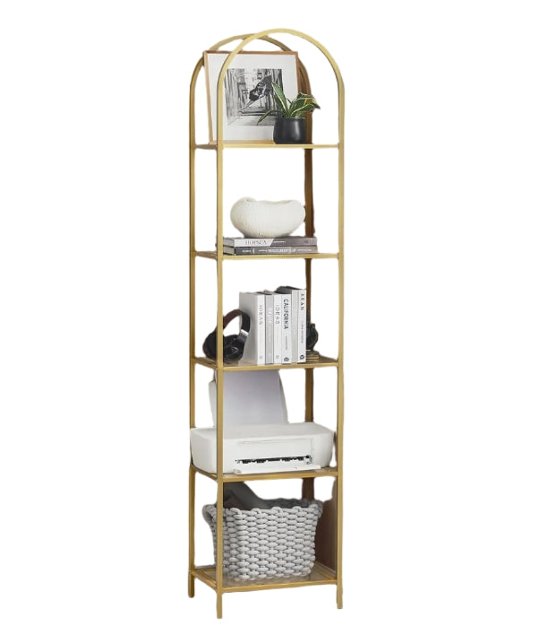 5-Tier Tempered Glass Shelf Unit, Arched Display Rack, Metallic Gold Frame 183.5 cm