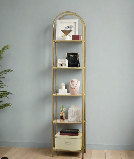 5-Tier Tempered Glass Shelf Unit, Arched Display Rack, Metallic Gold Frame 183.5 cm