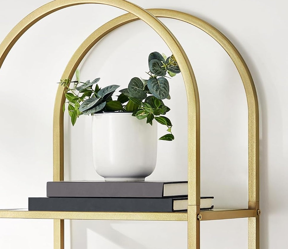 5-Tier Tempered Glass Shelf Unit, Arched Display Rack, Metallic Gold Frame 183.5 cm