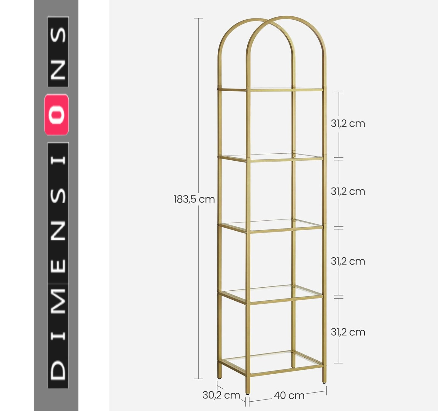 5-Tier Tempered Glass Shelf Unit, Arched Display Rack, Metallic Gold Frame 183.5 cm