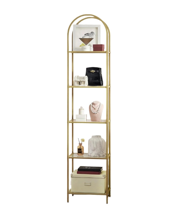 5-Tier Tempered Glass Shelf Unit, Arched Display Rack, Metallic Gold Frame 183.5 cm