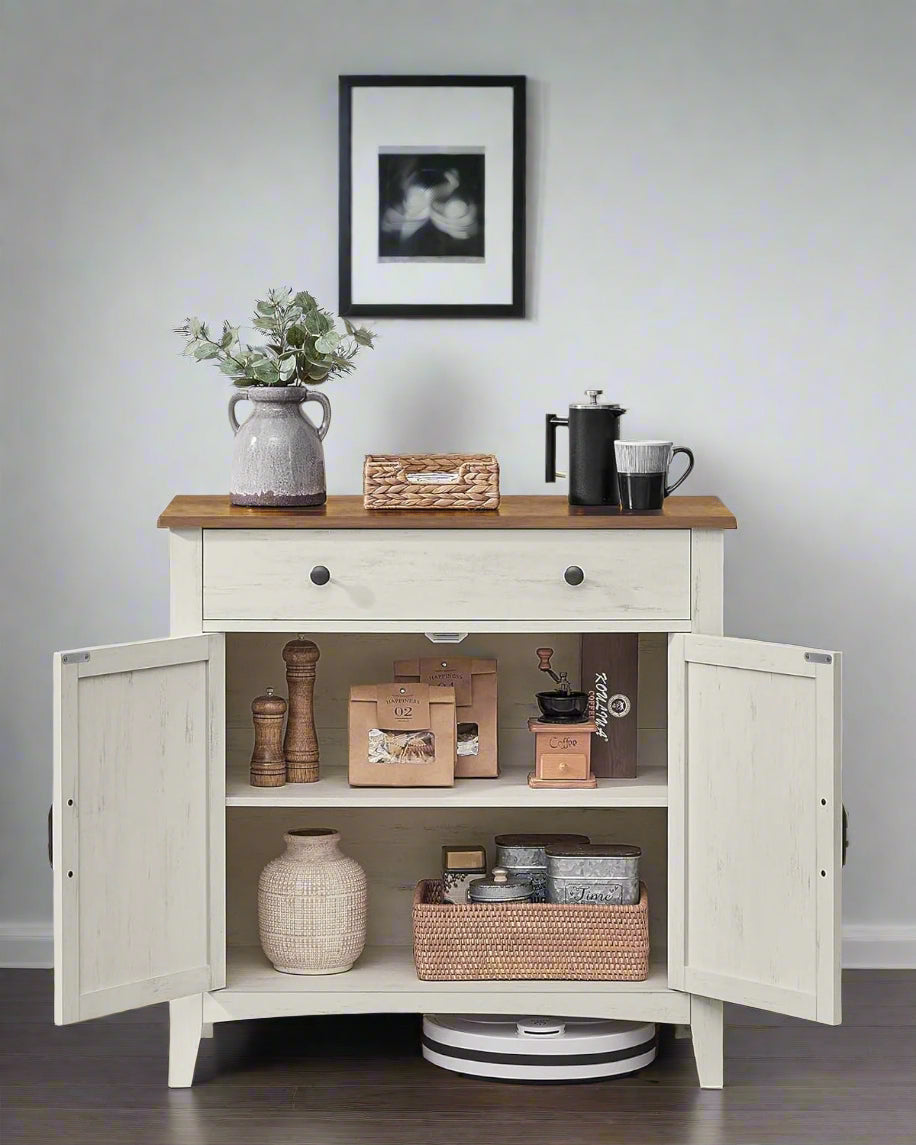 Farmhouse Sideboard Cabinet, Rustic White and Honey Brown, 80 x 40 x 80 cm, Storage Unit with Drawer,