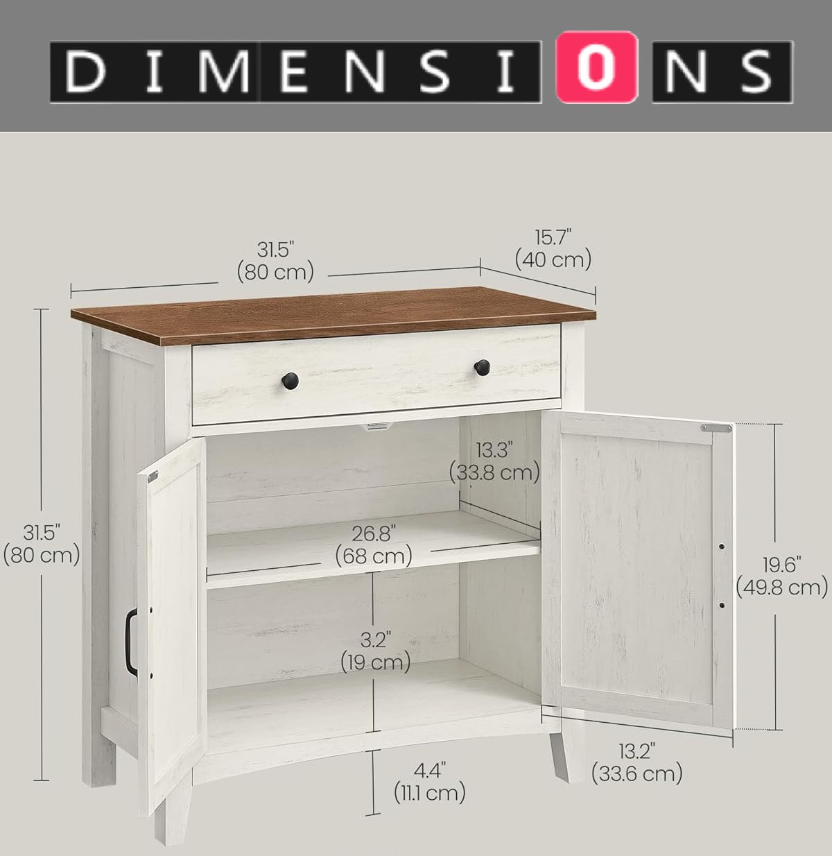 Farmhouse Sideboard Cabinet, Rustic White and Honey Brown, 80 x 40 x 80 cm, Storage Unit with Drawer,