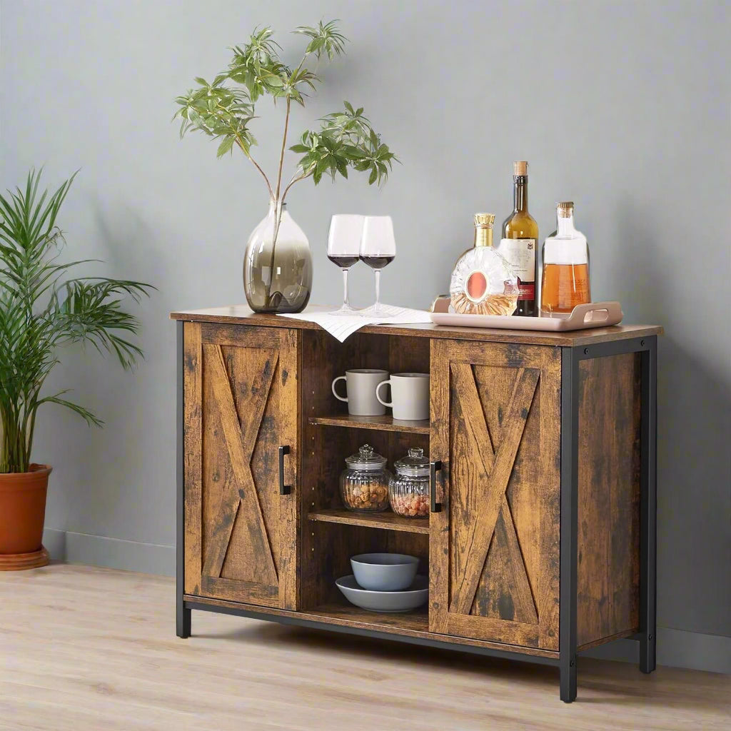 Industrial Sideboard Buffet Table with Barn Doors & Adjustable Shelves – Rustic Brown & Black