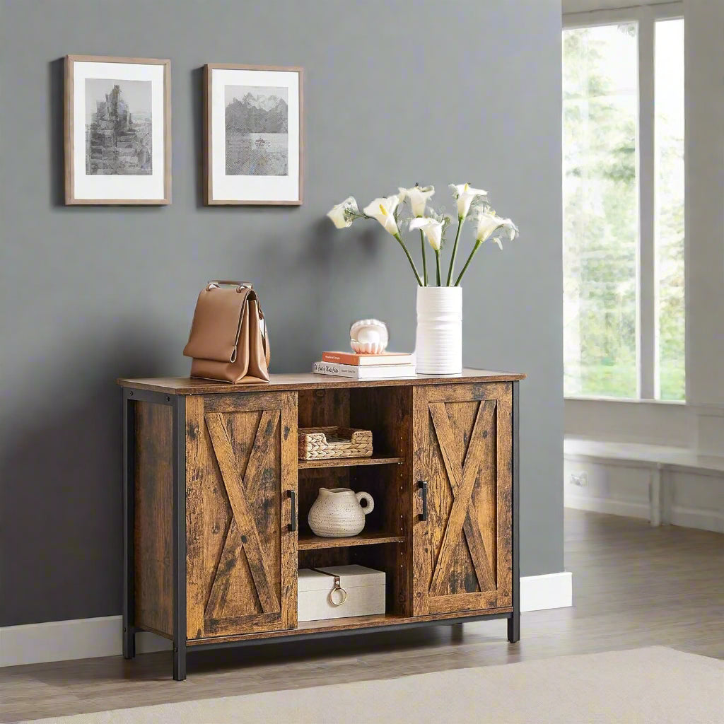 Industrial Sideboard Buffet Table with Barn Doors & Adjustable Shelves – Rustic Brown & Black