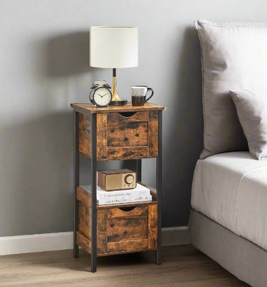 Industrial-style bathroom floor cabinet in rustic brown and black with two drawers and open shelf