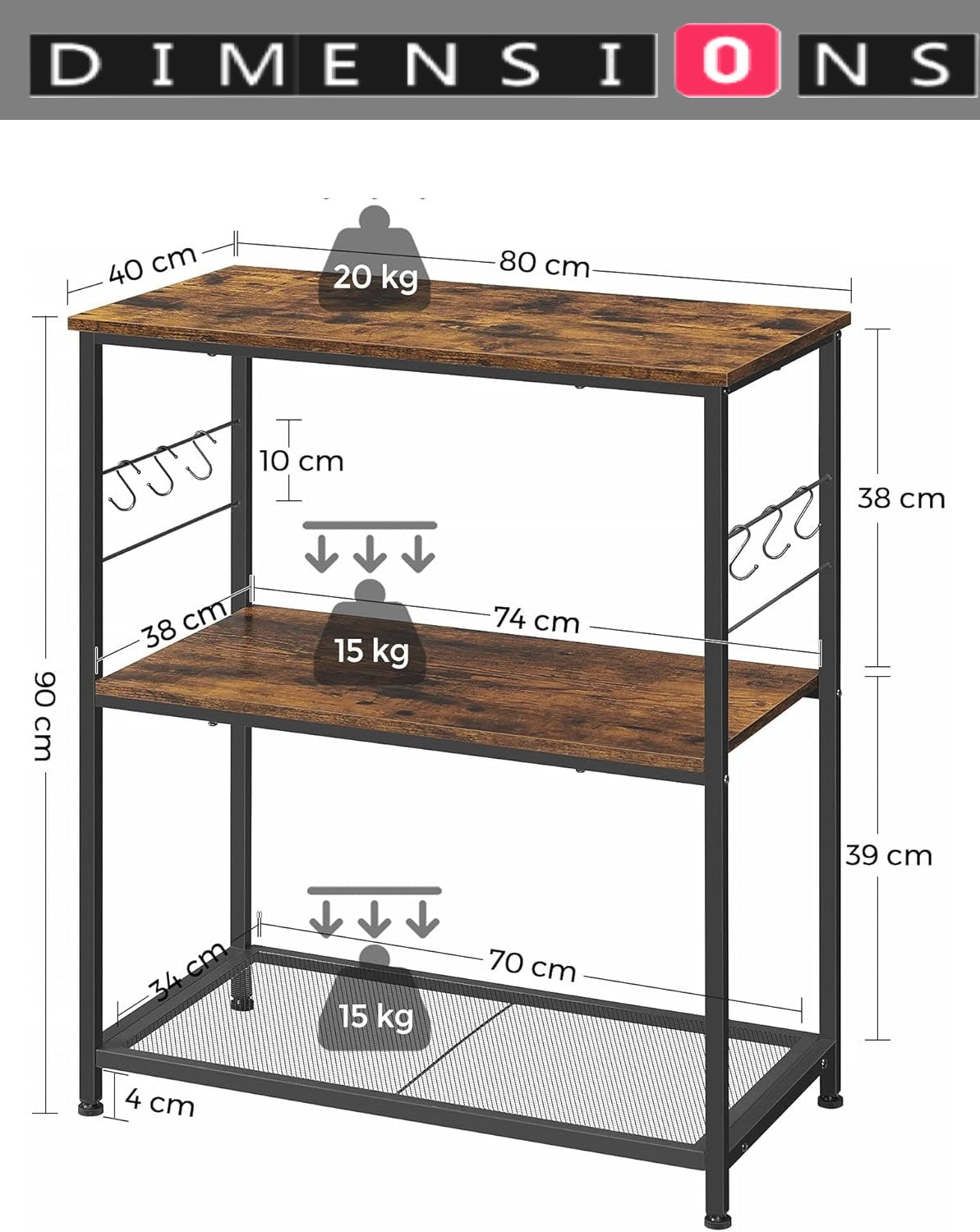 Kitchen Island Shelf, Baker’s Rack with 3 Shelves & Hooks, Rustic Brown & Black