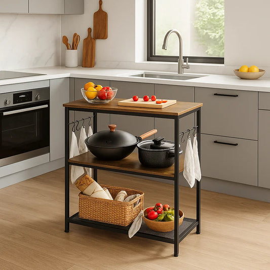 Kitchen Island Shelf with Rustic Brown Shelves and Black Steel Frame in Industrial Style