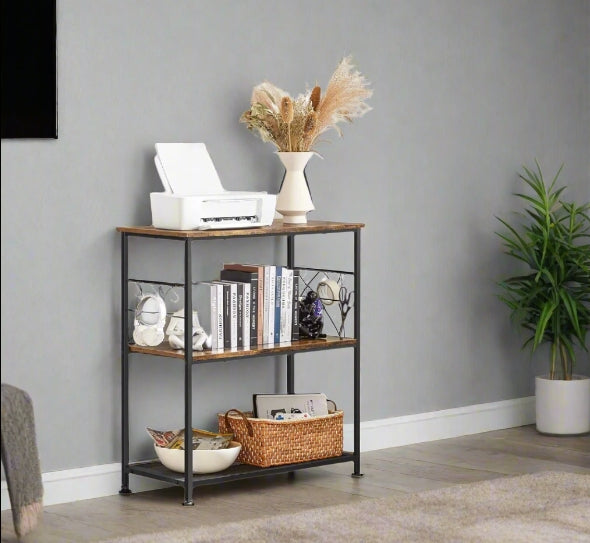 Kitchen Island Shelf, Baker’s Rack with 3 Shelves & Hooks, Rustic Brown & Black