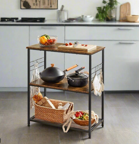 Kitchen Island Shelf, Baker’s Rack with 3 Shelves & Hooks, Rustic Brown & Black