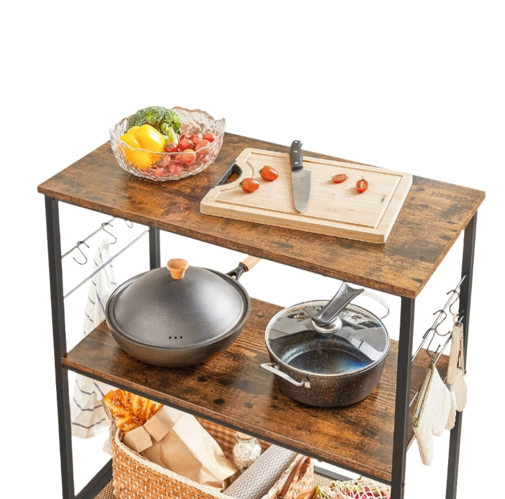 Kitchen Island Shelf, Baker’s Rack with 3 Shelves & Hooks, Rustic Brown & Black