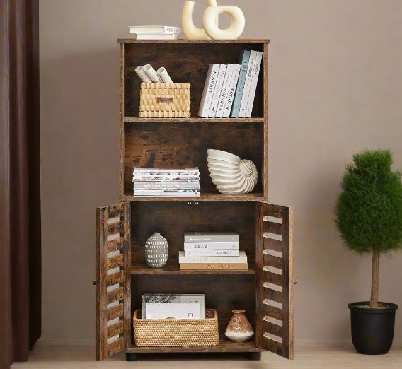 Rustic Brown Floor Standing Cabinet with Louvered Doors & Adjustable Shelf