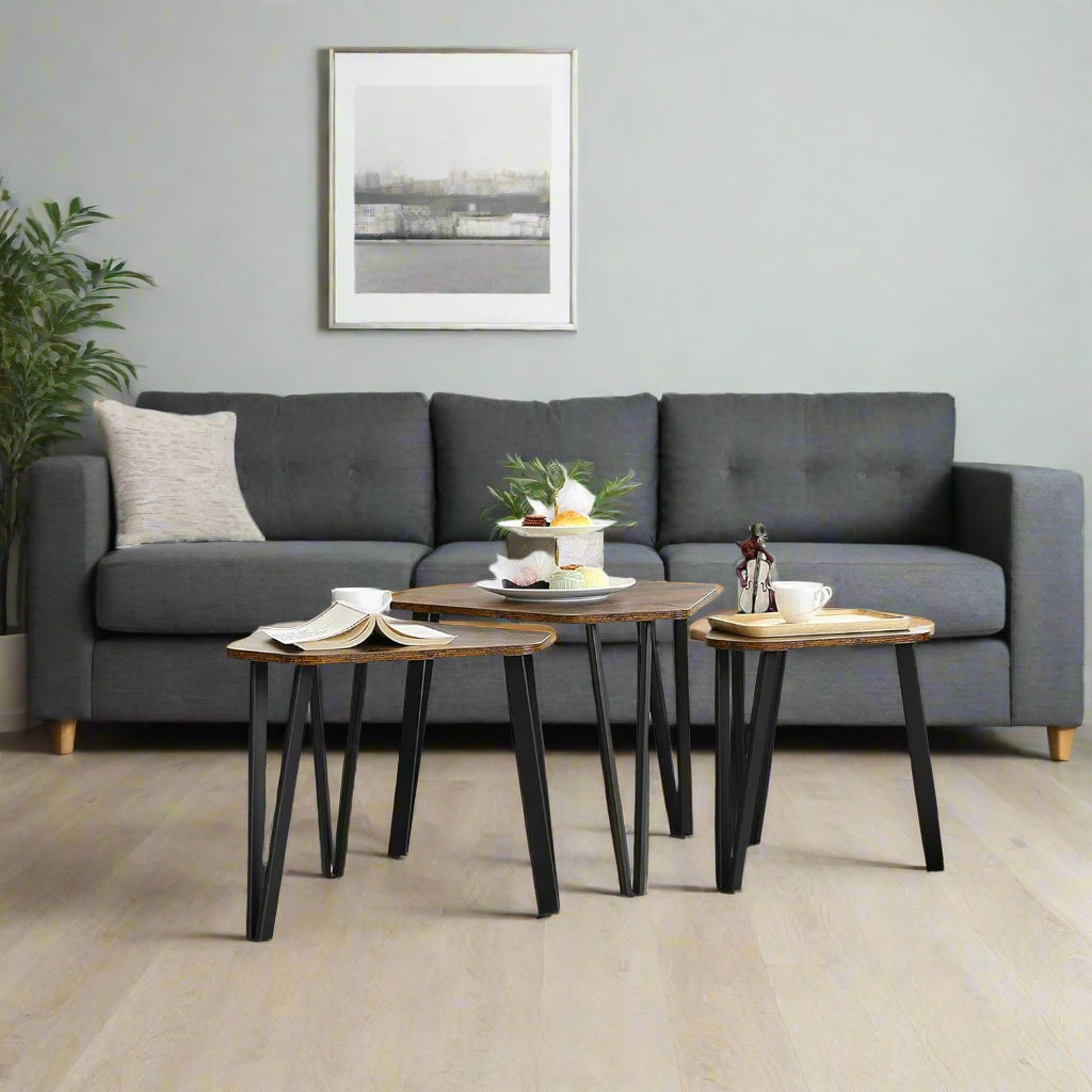 Set of 3 Rustic Brown Nesting Coffee Tables with Steel Frames - Industrial Style