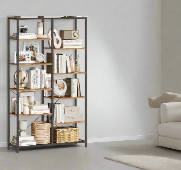 5-Tier Rustic Brown & Black Industrial Bookcase with 10 Compartments