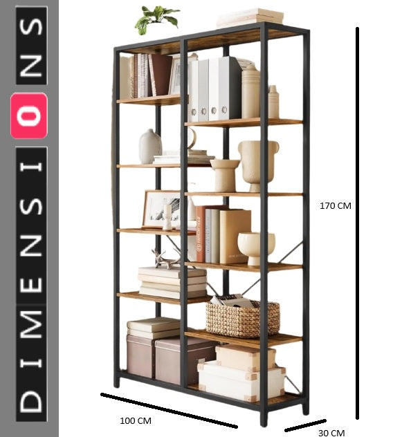 5-Tier Rustic Brown & Black Industrial Bookcase with 10 Compartments