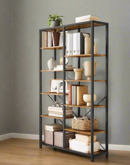 5-Tier Rustic Brown & Black Industrial Bookcase with 10 Compartments