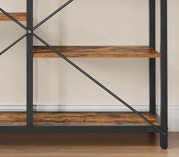 5-Tier Rustic Brown & Black Industrial Bookcase with 10 Compartments