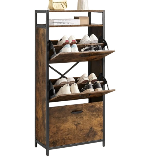 Slim Rustic Brown & Black Shoe Cabinet with 3 Fold-Out Doors - Industrial Style