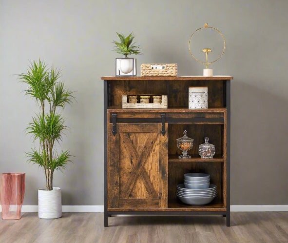 Wooden cabinet with decorative items against a gray wall