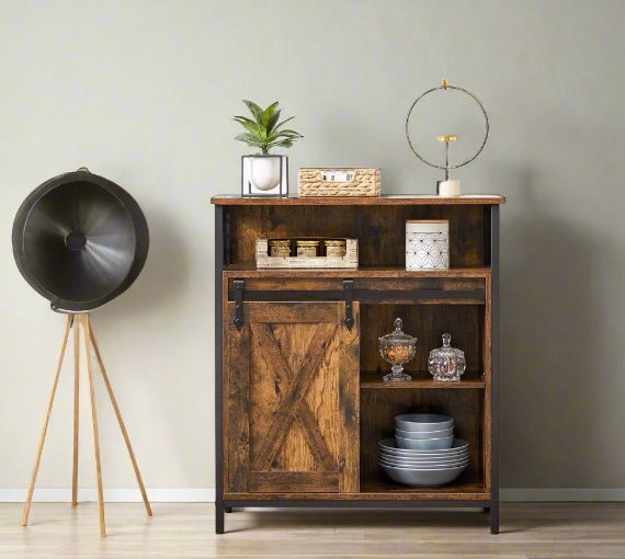 Industrial Storage Cabinet with Sliding Door, Adjustable Shelf, Open Compartment for Entryway & Living Room