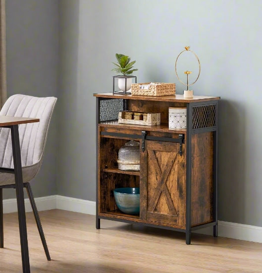 Industrial Storage Cabinet with Sliding Door, Adjustable Shelf, Open Compartment for Entryway & Living Room