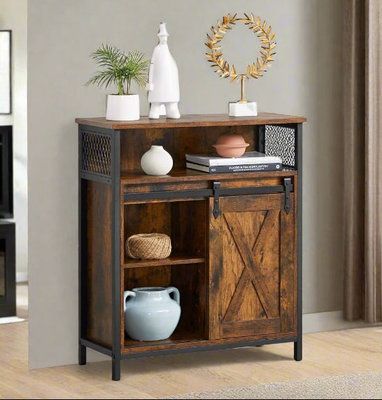 Wooden cabinet with decorative items in a room setting